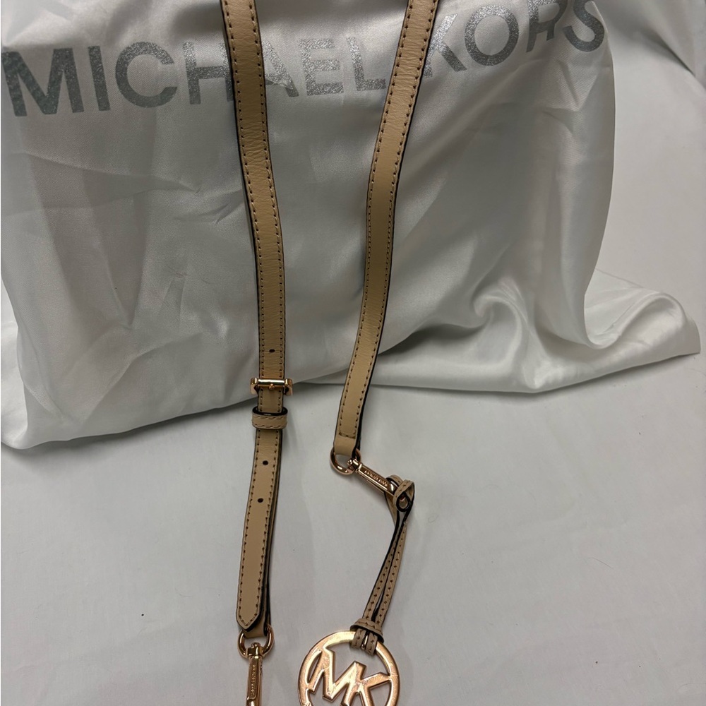 Michael Kors Beige Leather Crossbody Strap with Gold Logo Charm